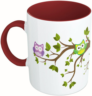 

MiiCreations Printed Two Tone Maroon And White Owl Design Ceramic Mug(325 ml), Multicolor