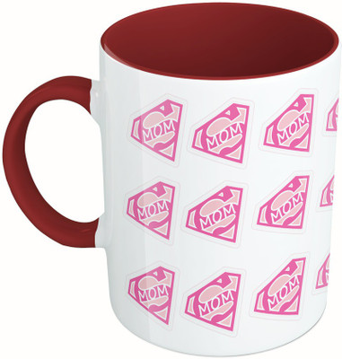 

MiiCreations Printed Two Tone Maroon And White Super Mom | I Love Mom Ceramic Mug(325 ml), Multicolor