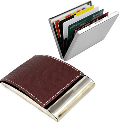 

Stealodeal |Combo of 2|Unisex Top Brown Leather Coated Steel With Plain Silver Metal 15 Card Holder(Set of 2, Brown, Silver)