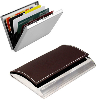 

Stealodeal |Combo of 2|Unisex Brown Leather Coated Steel With Plain Silver Metal 15 Card Holder(Set of 2, Brown, Silver)