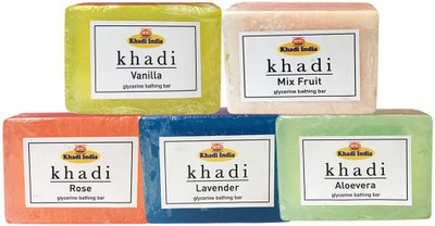 

Kangra Valley Khadi Glycerine Bathing Bar, 125g each (Pack of 5) - Vanilla, Mix Fruit, Rose, Lavender, Aloevera(125 g)