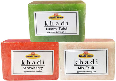 

Kangra Valley Khadi Glycerine Bathing Bar, 125g each (Pack of 3) - Neem-Tulsi, Strawberry, Mix Fruit(125 g)