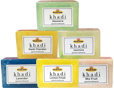 

Kangra Valley Khadi Glycerine Bathing Bar, 125g each (Pack of 6) - Aloevera, Haldi Chandan, Jasmine, Lavender, Lemon Fresh, Mix Fruit(125 g)