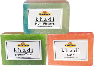 

Kangra Valley Khadi Glycerine Bathing Bar, 125g each (Pack of 3) - Multi Flowers, Neem-Tulsi, Rose(125 g)