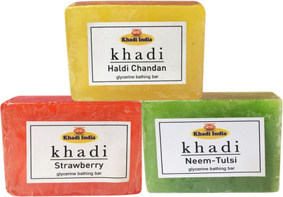 

Kangra Valley Khadi Glycerine Bathing Bar, 125g each (Pack of 3) - Haldi Chandan, Strawberry, Neem-Tulsi(125 g)