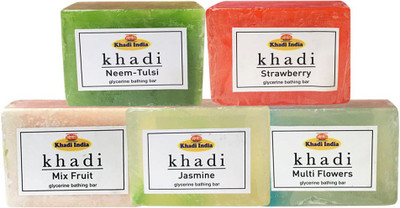 

Kangra Valley Khadi Glycerine Bathing Bar, 125g each (Pack of 5) - Neem-Tulsi, Strawberry, Mix Fruit, Jasmine, Multi Flowers(125 g)