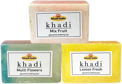 

Kangra Valley Khadi Glycerine Bathing Bar, 125g each (Pack of 3) - Mix Fruit, Multi Flowers, Lemon Fresh(125 g)