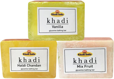 

Kangra Valley Khadi Glycerine Bathing Bar, 125g each (Pack of 3) - Vanilla, Haldi Chandan, Mix Fruit(125 g)