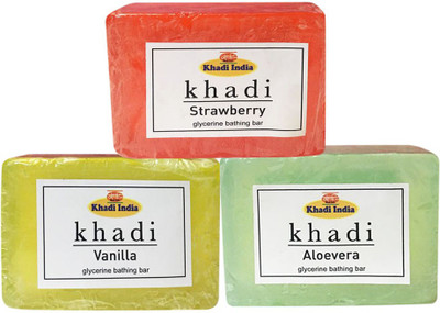 

Kangra Valley Khadi Glycerine Bathing Bar, 125g each (Pack of 3) - Strawberry, Vanilla, Aloevera(125 g)