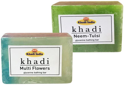 Kangra Valley Khadi Glycerine Bathing Bar, 125g each (Pack of 2) - Mix Fruit, Neem-Tulsi(125 g)