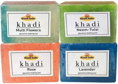 

Kangra Valley Khadi Glycerine Bathing Bar, 125g each (Pack of 4) - Multi Flowers, Neem-Tulsi, Rose, Lavender(125 g)