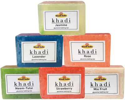 

Kangra Valley Khadi Glycerine Bathing Bar, 125g each (Pack of 6) - Jasmine, Lavender, Rose, Neem-Tulsi, Strawberry, Mix Fruit(125 g)