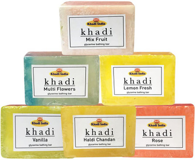 

Kangra Valley Khadi Glycerine Bathing Bar, 125g each (Pack of 6) - Mix Fruit, Multi Flowers, Lemon Fresh, Vanilla, Haldi Chandan, Rose(125 g)
