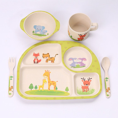 

EZ Life EZ Life Kids Rectangle Dining Set - Eco Friendly Bamboo - 5 Pieces - Party Animals Pack of 5 Dinner Set(Bamboo)