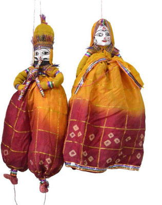 Artlivo Artlivo POPART Yellow Red Kathputli Puppet Set 20" Decorative Showpiece - 52 cm(Cotton, Wooden, Yellow, Maroon)