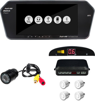 

Accedre 7 inch Rear View Mirror Screen (Bluetooth,USB,SD Card Support), Reverse Parking Camera, White Parking sensor Combo
