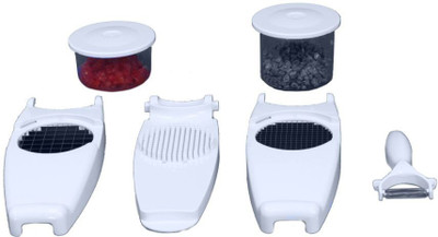 

Telebrands Vegetable & Fruit Slicer Nicer Dicer Cutter Chopper(1-Piece Peeler, 1-Piece Small Container, 1-Piece Large Container, 2 -Pieces Top Section with Cutting Blade, 1-Piece Base), White