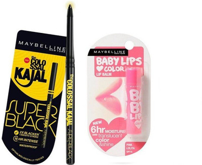 

Maybelline new york the colossal super black kajal & babylips pink lolita lipbalm(Set of 2)
