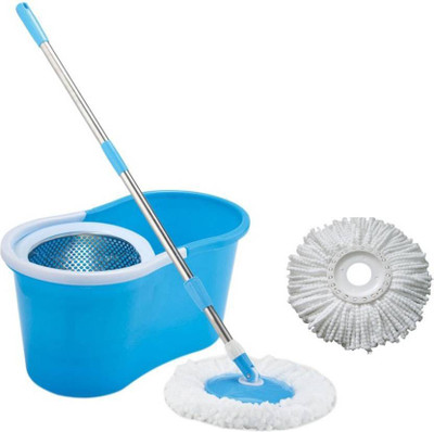 CHECKSUMS 11036 Magic Dry Bucket Mop - 360 Degree Steel Spinner for Wringing With 2 Super Absorbers for Home & Office Floor Cleaning- Blue Mop Set