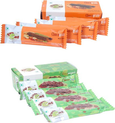 

Just eat Snack on the go... Chocograin (blackpaper,cinnemon,nutmeg,elaichi)and Chocomagic (caramel,coffee,lemon,orange)Assorted(Each pack of 4 bars) Energy Bars(8 No, Elaichi, Nutmeg, lemon, coffee)
