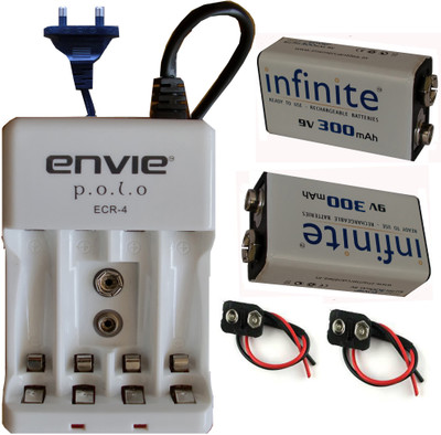 

ENVIE Connector (2 Pcs.) + 9-V Volts (PP3) 300 mA (2 Pcs.) + ECR4 (1 Pc.) Camera Battery Charger(White, Blue)