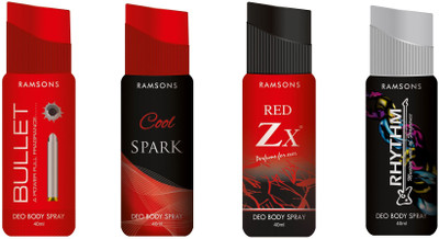 

Ramsons Deo Rhythm Black, Cool Spark, Red Zx & Bullet 40ML Combo 4 Pcs Body Spray - For Men & Women(160 ml, Pack of 4)
