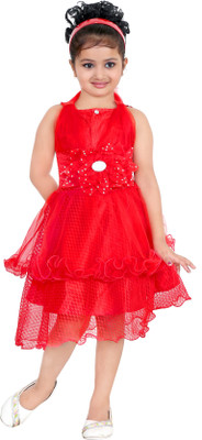 

GECS Girls Midi/Knee Length Casual Dress(Red, Sleeveless