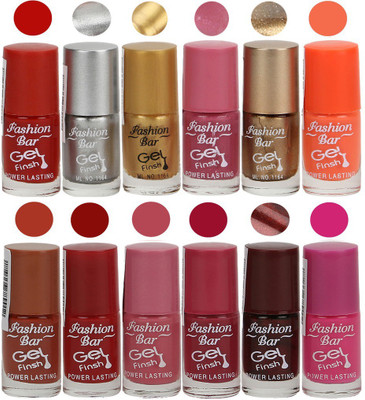 

Fashion Bar Unique color Gel Nail Polish in Incredible Value (Pack of 12 Pcs) Red,Silver,Golden,Sheer Pink,Copper Golden,Neon Orange,Rich Brown,Brick Red,Pink,Deep Pink,Dark Coffee,Mazanta(Pack of 12)