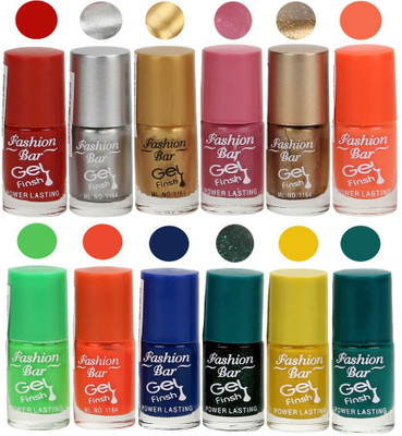 

Fashion Bar Unique color Gel Nail Polish in Incredible Value (Pack of 12 Pcs) Red,Silver,Golden,Sheer Pink,Copper Gold,Candy Orange,Jelly Green,Neon Orange,Royal Blue,Shimmer Green,Yellow,Green(Pack of 12)