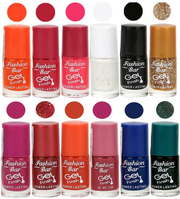

Fashion Bar Unique color Gel Nail Polish in Incredible Value (Pack of 12 Pcs) Orange,Deep Pink,Neon Pink,White,Black,Glitter Golden,Mazanta Purple,Shimmer Redish,Deep Orange,Dark Pink,Navy Blue,Glitter Green(Pack of 12)