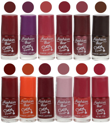 

Fashion Bar Unique color Gel Nail Polish in Incredible Value (Pack of 12 Pcs) Cherry Red,Purple,Pear Pink,Mauve,Shimmer Light Purple,Deep Brown,Red,Orange,Mauvish Red,Voilet Purple,Pink,Deep Pink(Pack of 12)