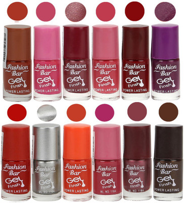 

Fashion Bar Unique color Gel Nail Polish in Incredible Value (Pack of 12 Pcs) Rich Brown,Neon Pink,Shimmer Light,Pearl Pink,Maroon,Purple,Red,Silver,Orange,Pink,Light Purple,Choco Brown(Pack of 12)