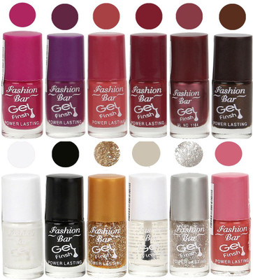 

Fashion Bar Unique color Gel Nail Polish in Incredible Value (Pack of 12 Pcs) Mazanta Pink, Purple,Pear Pink,Mauve,Deep Brown,White,Black,Glitter Golden,Basecot,Glitter Silver,Pink(Pack of 12)