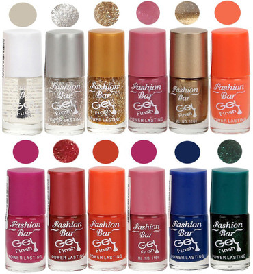 

Fashion Bar Unique color Gel Nail Polish in Incredible Value (Pack of 12 Pcs) Top,Glitter Silver,Glitter Golden,Pink,Copper,Neon Light Orange,Purplish Mazanta,Shimmer Red,Deep Pink,Ink blue,Shimmer Green(Pack of 8)