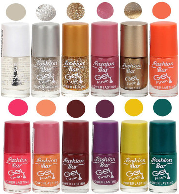 

Fashion Bar Unique color Gel Nail Polish in Incredible Value (Pack of 12 Pcs) Transperent,Glitter Silver,Glitter Golden,Pink,Copper Brown,Candy Orange,Neon Pink,Peach,Maroon,Purple,Yellow,Green(Pack of 12)