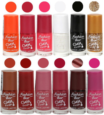 

Fashion Bar Unique color Gel Nail Polish in Incredible Value (Pack of 12 Pcs) Orange,Royal Pink,Neon Pink,White,Black,Giltter Golden,Rich Brown,Brick Red,Pink,Deep Pink,Dark Coffee,Mazanta(Pack of 12)