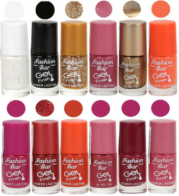 

Fashion Bar Unique color Gel Nail Polish in Incredible Value (Pack of 12 Pcs) White,Black,Glitter Golden,Sheer Pink,Copper Golden,Neon Orange,Purplish Mazanta,Shimmer Red,Frosty,Pink,Maroon,Light Pink(Pack of 8)
