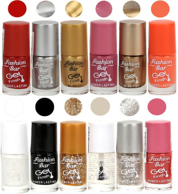 

Fashion Bar Unique color Gel Nail Polish in Incredible Value (Pack of 12 Pcs) Red,Silver,Golden,Sheer Pink,Copper Gold,Candy Orange,White,Black,Glitter Golden,Transperent,Glitter Silver,Pink(Pack of 12)