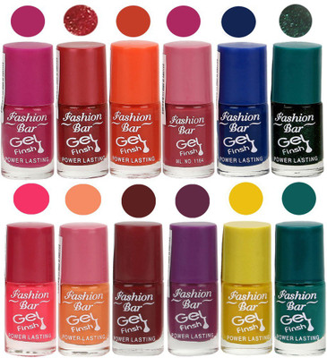 

Fashion Bar Unique color Gel Nail Polish in Incredible Value (Pack of 12 Pcs) Purplish Mazanta,Shimmer Red,Deep Pink,Ink blue,Shimmer Green,Neon Pink,Peach,Maroon,Purple,Yellow,Green(Pack of 12)