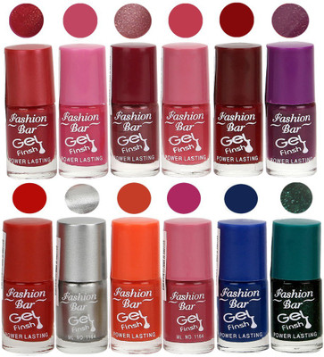 

Fashion Bar Unique color Gel Nail Polish in Incredible Value (Pack of 12 Pcs) Red Shimmer,Pink,Light Shimmer,Pink Pearl,Cherry Red,Deep Purple,Bright Red,Silver,Orange,Pinkish Pink,Ink Blue,Shimmer Green(Pack of 12)