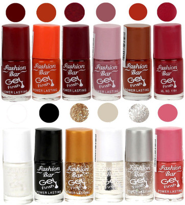 

Fashion Bar Unique color Gel Nail Polish in Incredible Value (Pack of 12 Pcs) Deep Red,Orange,Maroon,Light Purple,Rich Brown,Deep Pink,White,Black,Glitter Golden,Transperent,Glitter Silver,Pink(Pack of 12)