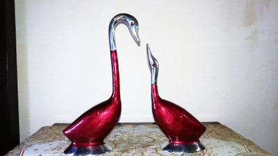 

AUniqueCollection Pair of red ducks Decorative Showpiece - 25 cm(Aluminium, Red, Silver)