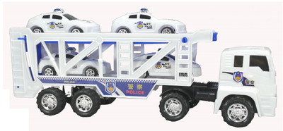 

HALO NATION Off Road Police Transporter Trailer 1:32 Childrens Kids Friction Toy Truck Ready To Run W/ 4 Toy Car , No Batteries Required(White, Blue), Blue;white
