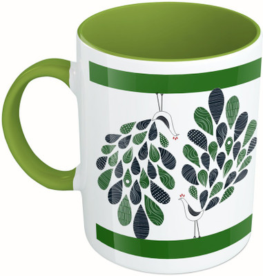 

MiiCreations Printed Two Tone Green And White Leaf Ceramic Mug(325 ml), Multicolor