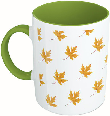 

MiiCreations Printed Two Tone Green And White Leaf Pattern Ceramic Mug(325 ml), Multicolor