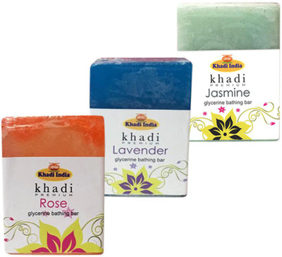 

Kangra Valley Khadi Premium Glycerine Bathing Bar, 125g each (Pack of 3) - Jasmine, Lavender, Rose(375 g, Pack of 3)