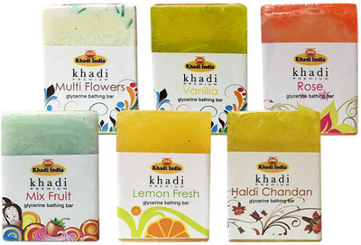 

Kangra Valley Khadi Premium Glycerine Bathing Bar, 125g each (Pack of 6) - Mix Fruit, Multi Flowers, Lemon Fresh, Vanilla, Haldi Chandan, Rose(750 g, Pack of 6)