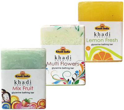 

Kangra Valley Khadi Premium Glycerine Bathing Bar, 125g each (Pack of 3) - Mix Fruit, Multi Flowers, Lemon Fresh(375 g, Pack of 3)