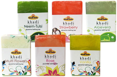 

Kangra Valley Khadi Premium Glycerine Bathing Bar, 125g each (Pack of 6) - Multi Flowers, Neem-Tulsi, Rose, Strawberry, Vanilla, Aloevera(750 g, Pack of 6)