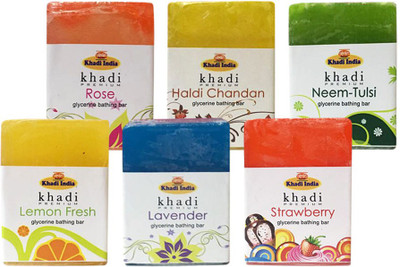 

Kangra Valley Khadi Premium Glycerine Bathing Bar, 125g each (Pack of 6) - Lemon Fresh, Rose, Lavender, Haldi Chandan, Strawberry, Neem-Tulsi(750 g, Pack of 6)